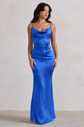 Lifetime Cobalt Blue Satin Cowl Neck Maxi Dress With Cross Back Detail